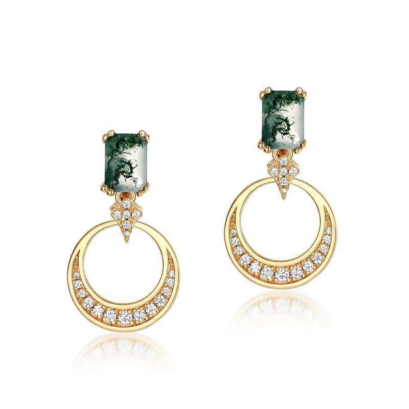 Wholesale 925 Sterling Silver Gold Plated Natural Green Moss Agate Stud Earrings Manufacturer
