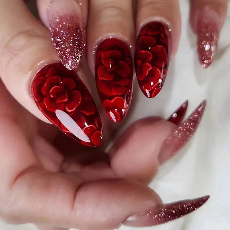 Wholesale False Nails 24 Pieces Valentine's Day Red Romantic Flowers Almond Shape Press on Nails