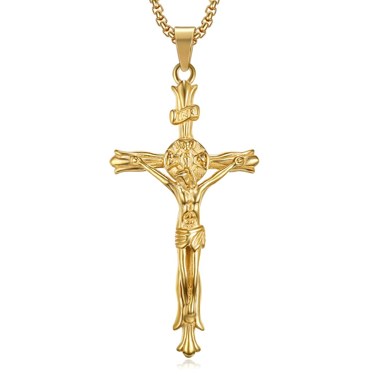 18K Gold Crucifix Pendant Stainless Steel Jesus Cross Charms Hiphops Men Christian Religious Jesus Pendant Necklace