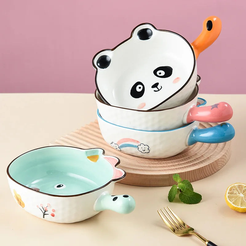 Japanese INS Style Popular Ceramic Cereal Fancy Porcelain Deep Plate Ceramic Bowls with Handle for Kids