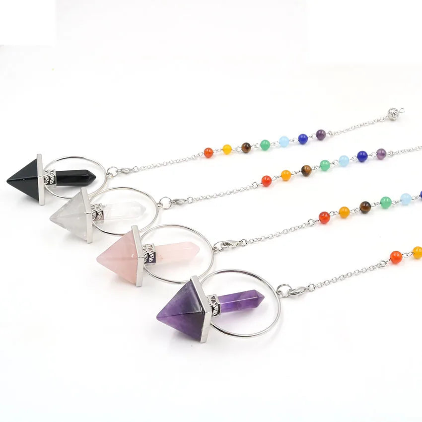 7 Chakra Pyramid Pendulum Dowsing Reiki Spiritual Energy Generator Rock Quartz/Amethyst/Rose Quartz
