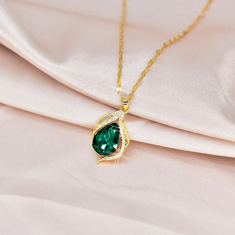 Luxury Fashion Green Purple Water Drop Shape Pendant Stainless Steel Chain Necklace for Women