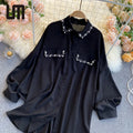 Liu Ming 2024 Women's Retro Fashion Blouse Loose Puff Sleeve Casual Tops with Front Button Decoration New Year Shirt