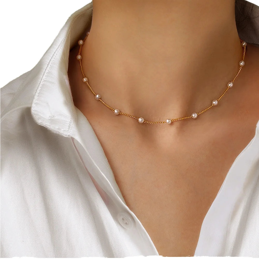 European American Classic Three-Piece Gold Plated Flower Beads Clavicle Necklace Stylish Link Chain Party Engagement Gift
