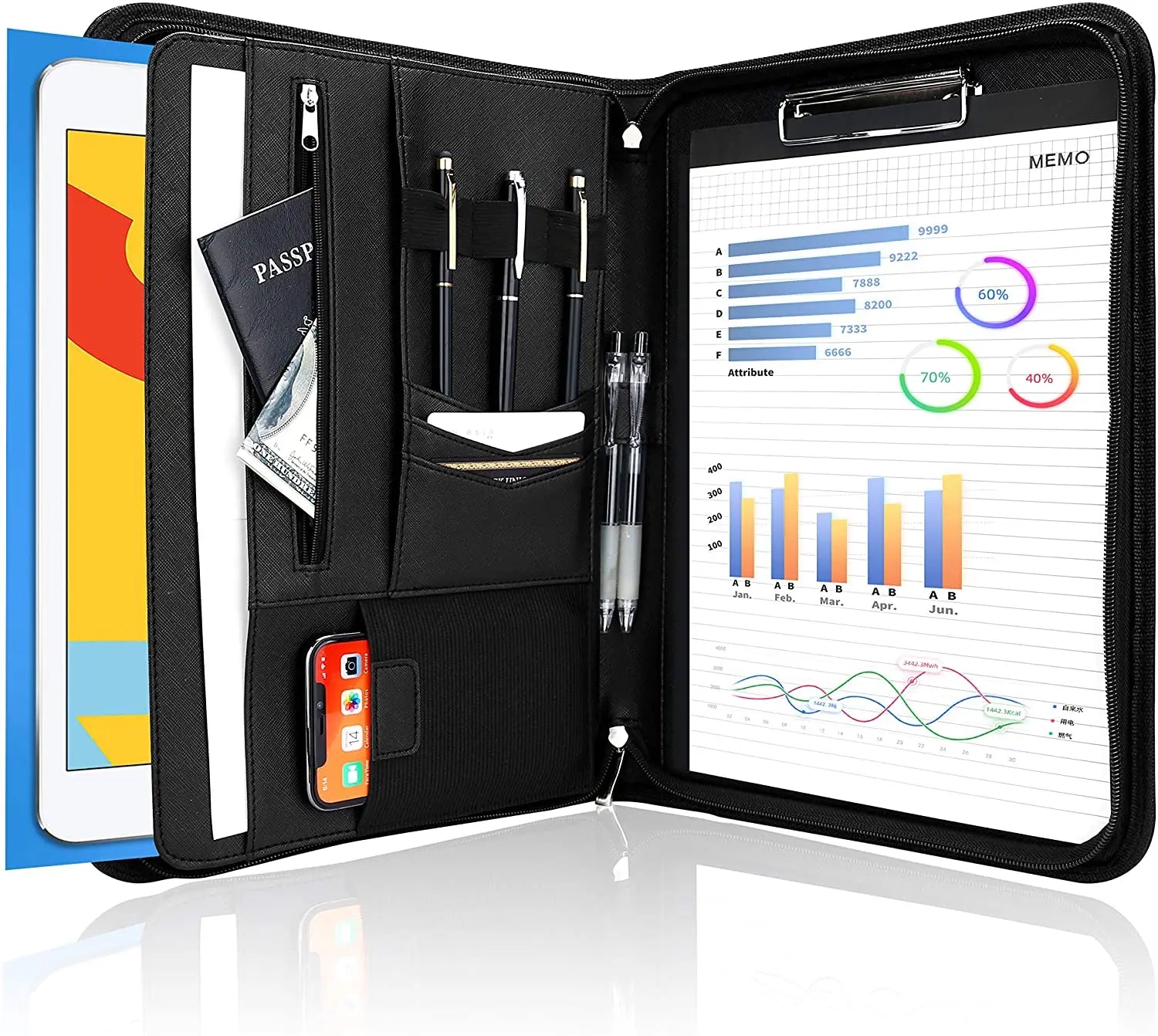 Letter Size A4 Black Leather Padfolio Folder with Zipper Conference Meeting Executive File for Men and Women in Office Use