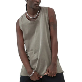 2026 Summer 275g Washed Cotton Gym Tank Top Men Casual Side Split Sleeveless for Solid Woven Breathable Eco-Friendly Blank