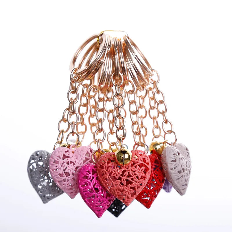 Hollow Heart Metal Alloy Keychains Lace Charm Cute Bell Purse Bag Pendant Car Keyring Chain Ornaments Valentine's Day Girl Gift