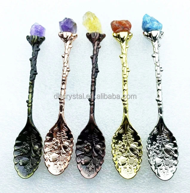 Gemstone Crystal Stone Alloy Decorative Tea Spoons Stones Alloy Coffee Spoons Witch Spoon for Wedding Favor Gifts