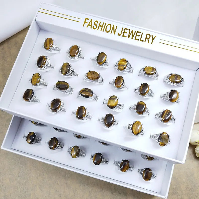 Punk Turkish Natural Tiger Eye Rings Band Stone Ring for Women Antique Silver Plated Fashion Jewelry