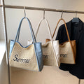 Custom Logo Size Color Fashion Summer PU Leather Shoulder Straw Beach Tote Bag