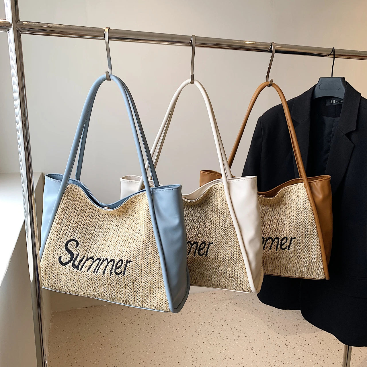 Custom Logo Size Color Fashion Summer PU Leather Shoulder Straw Beach Tote Bag