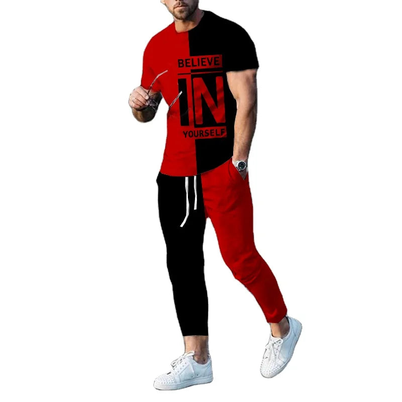 Wholesale Premium Men's New Summer Fashion 3D Printing Short-sleeved Casual T-shirt Top With Casual Pants Two-piece Suit