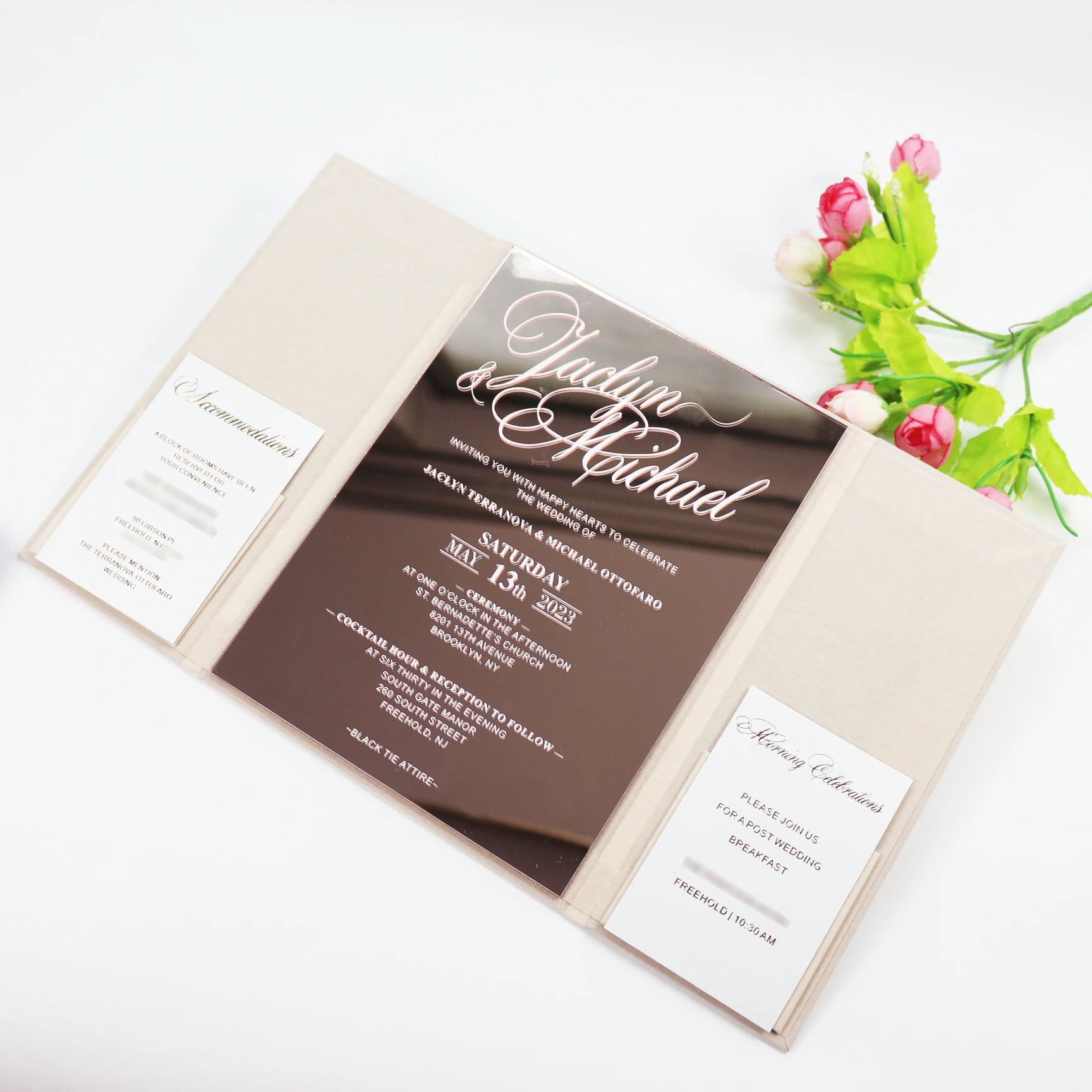 Luxury Pink Velvet Hardcover Rose Gold Mirror Acrylic Monogram Wedding Invitation Cards with Envelope