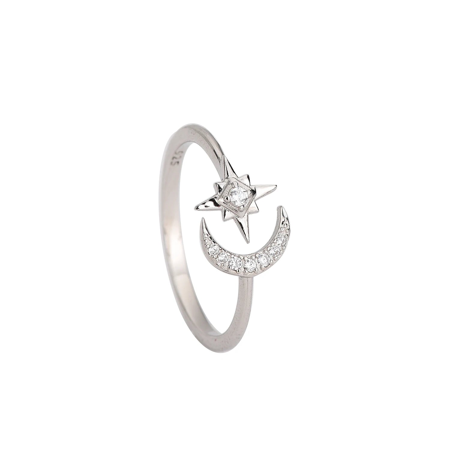 Hot Sale 925 Sterling Silver Rings Prong Setting Zircon Diamond Star Moon Rings Wedding Fine Jewelry Women