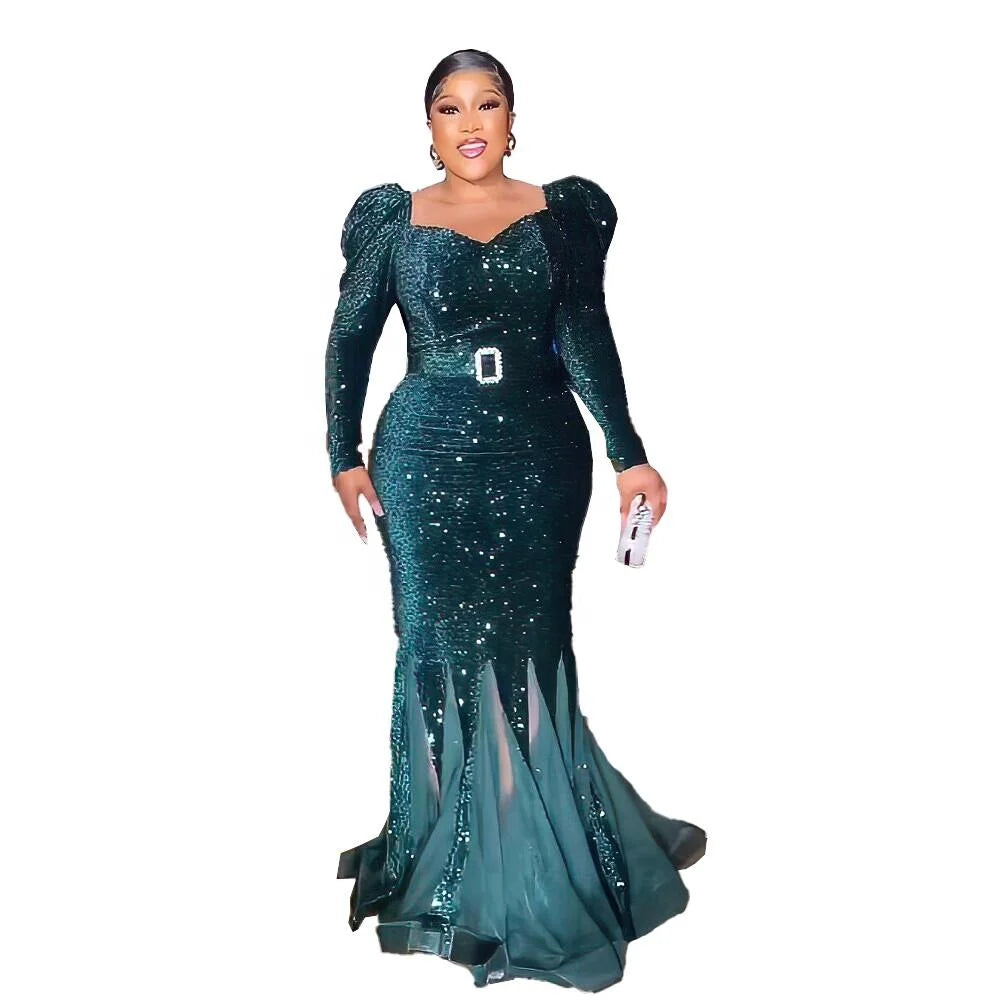 Limited Edition Women's African Evening Dress Sequin Prom Dresses Cheap Party Clothing Sequin Designs on Kitenge for Summer