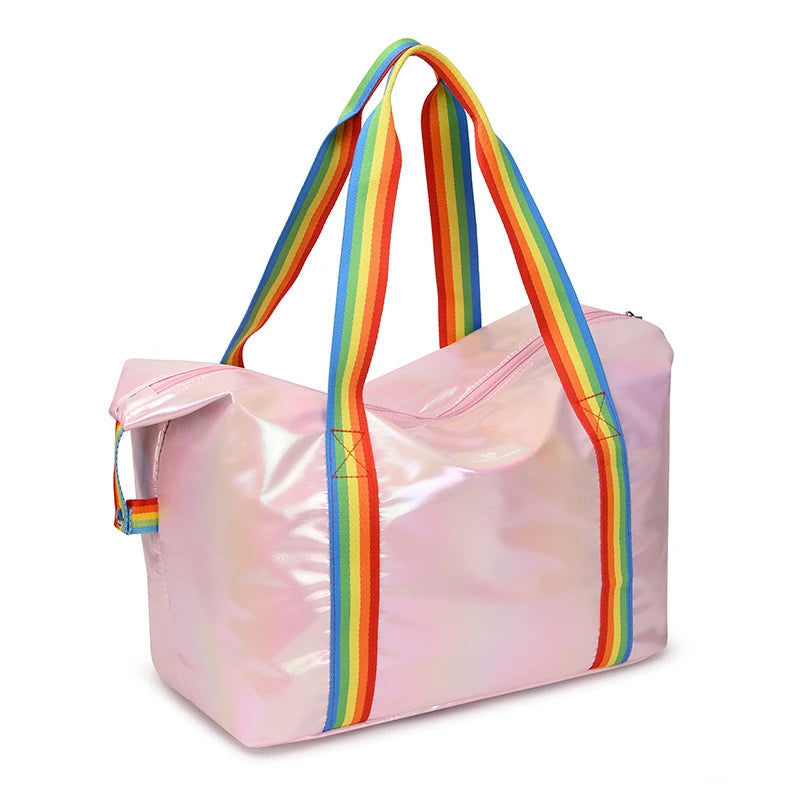 New Designer Rainbow Color Travel Duffel Bag Tote Women Handbags Hologram PU Leather Waterproof Duffel Bag for Travel