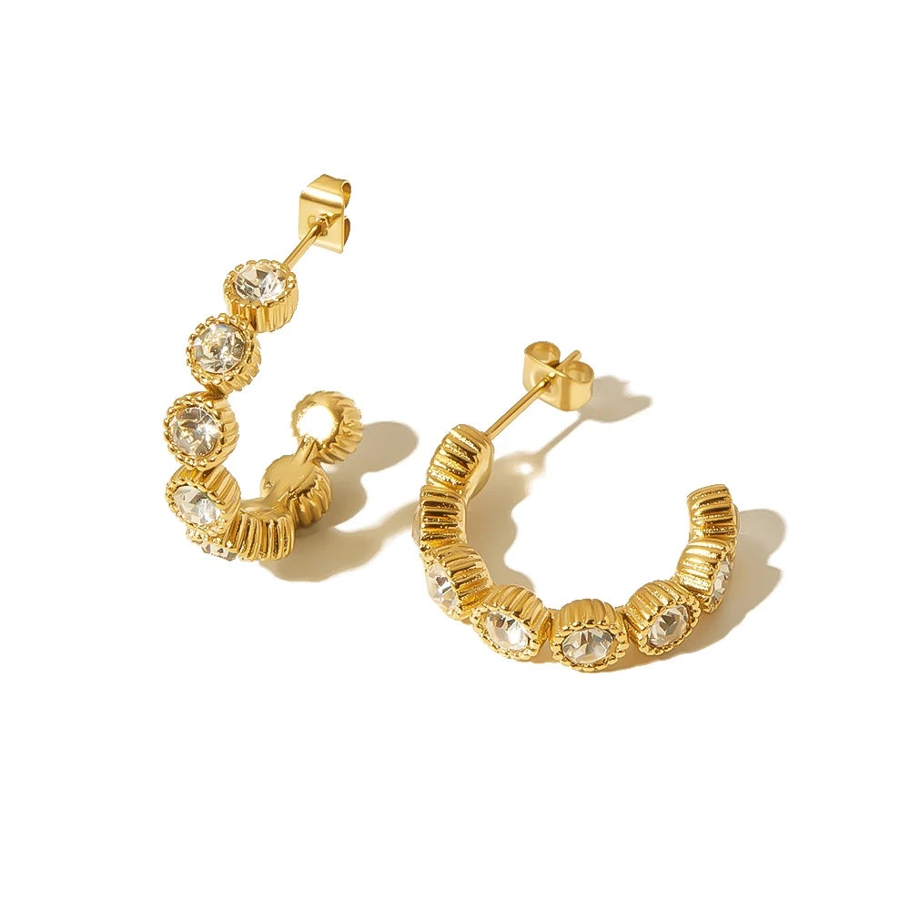 New Trendy Waterproof 18K Gold Plated Cubic Zirconia CC Hoop Earrings Stainless Steel Texture Crystal Zircon C Hoop Earring