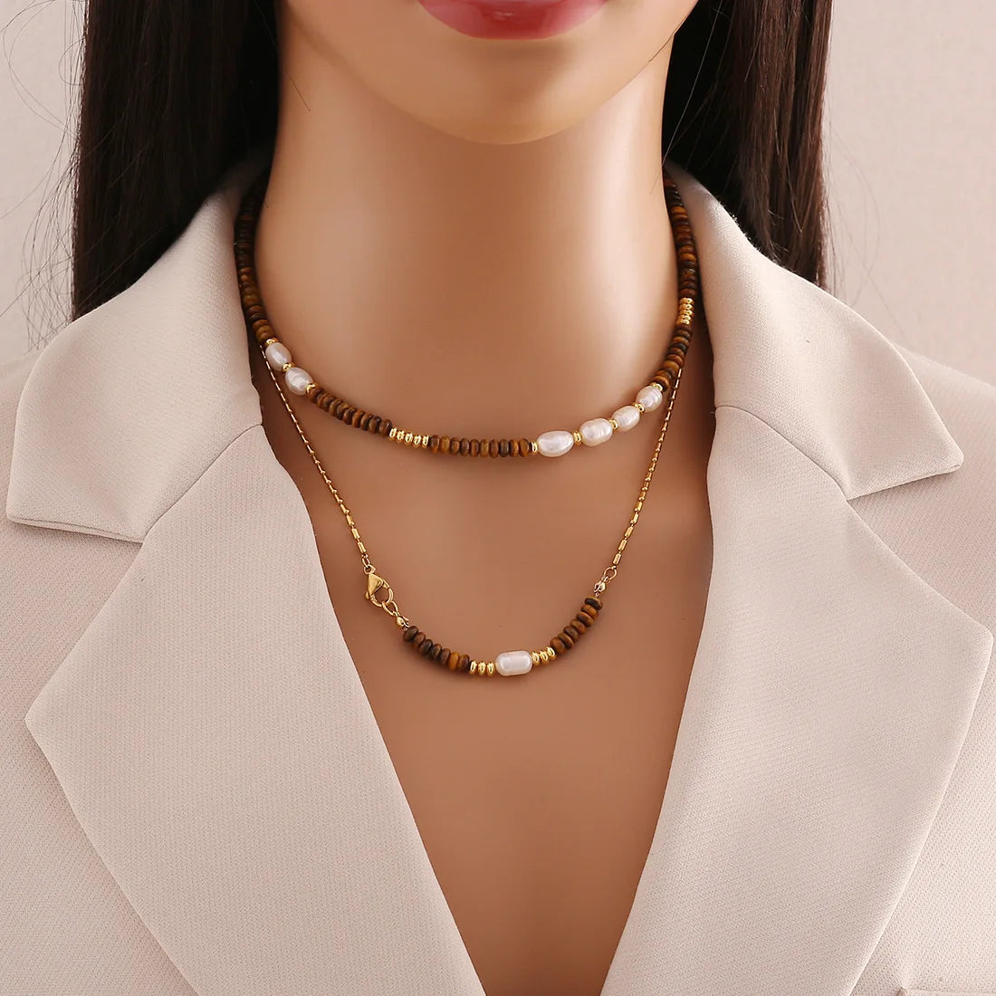 New Retro Women Jewelry Gold Plated Stainless Steel Chains Freshwater Pearl Natural Tiger Eye Beads Choker Necklaces for Girls