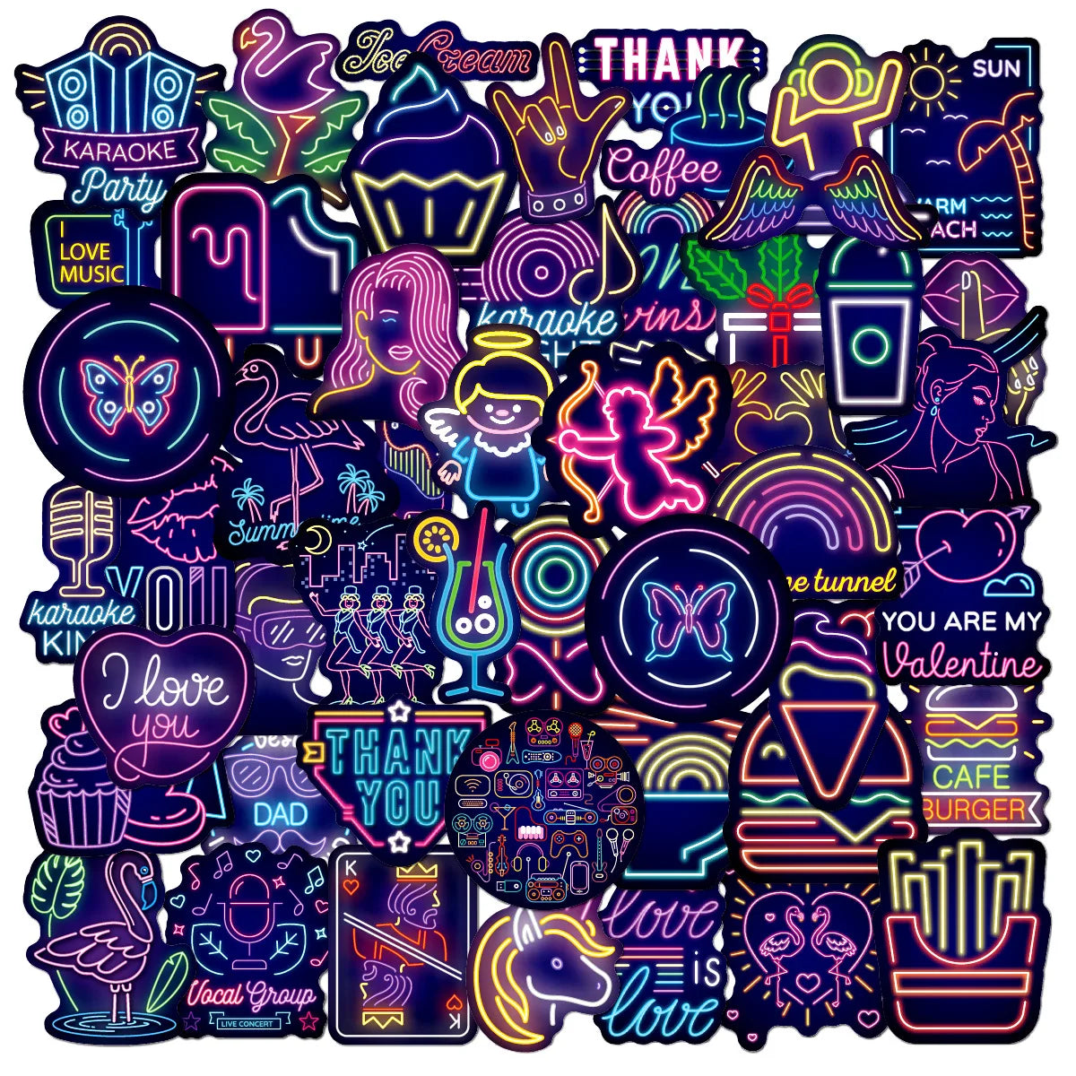 50 PCS Cool Neon Graffiti Stickers for Kids Teens AdultsWaterproof Vinyl Neon Sticker PackCartoon Creative Stickers Decals