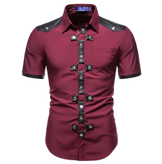 New Men's Punk Gothic Style Rivet Short Sleeved Shirt Black Performance Costume for Stage Party