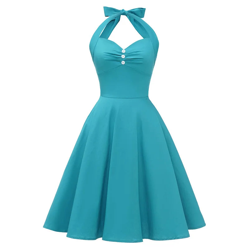 Vintage Dresses 50s 60s for Woman Retro Cocktail Party Halter Solid Dress