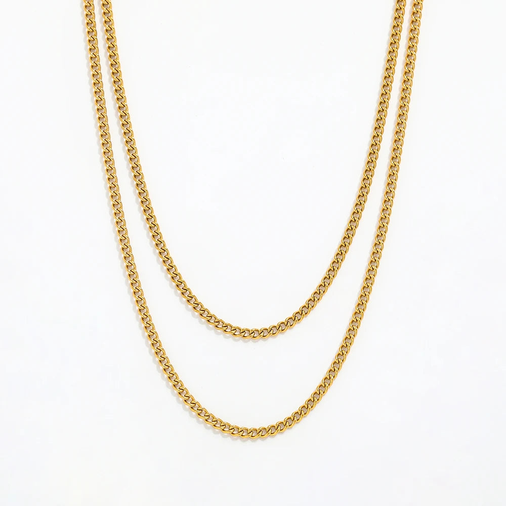 Fenny 18K PVD Plated Waterproof&No Fade Fashion Double Basic Flat Side Chain Necklace Stainless Steel Jewelry Wholesale