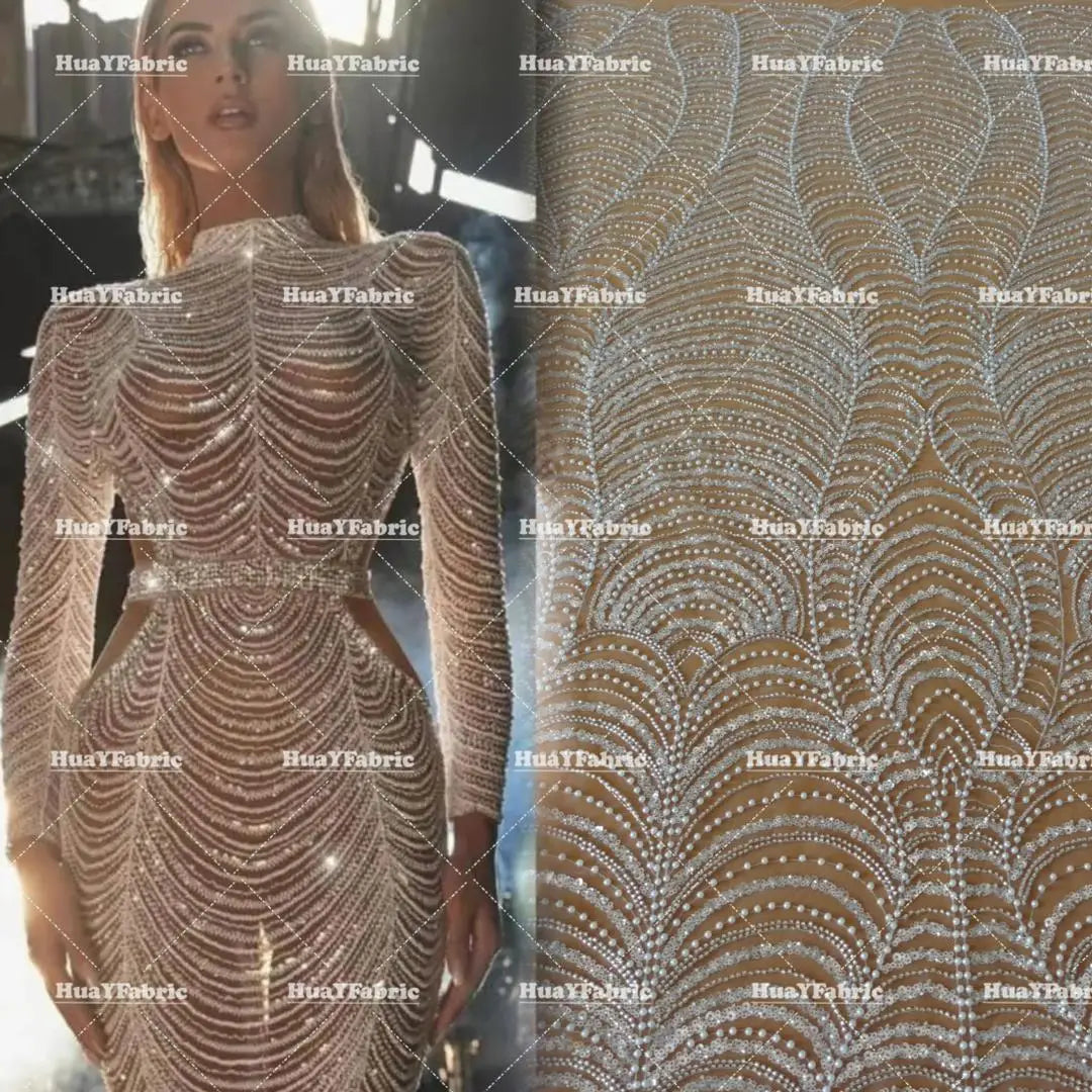 HY2743 French White Bridal 3d Beaded Pearls Wedding Lace With Sequins for Dress 5 Yards African