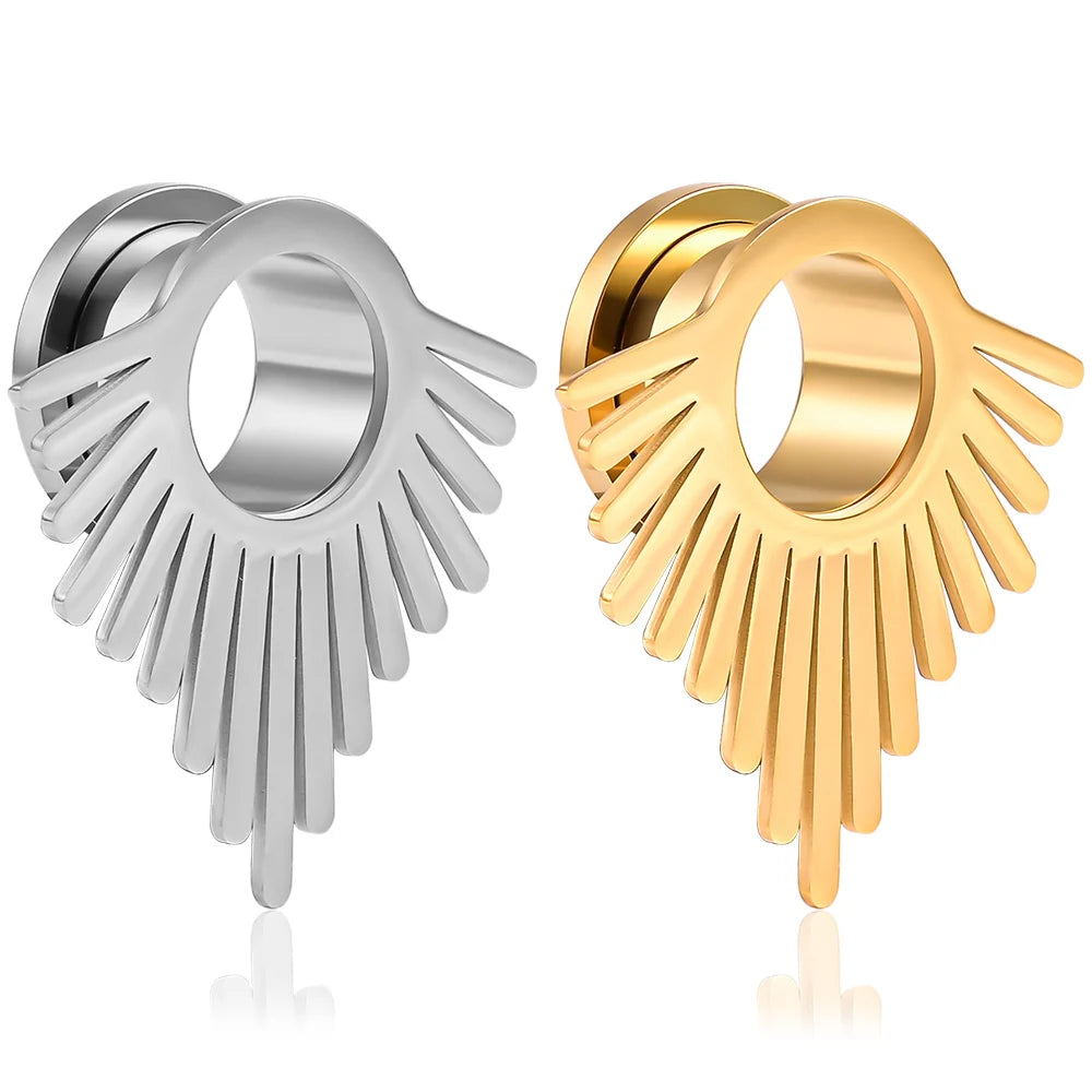 New Fashion Gold Plated Stainless Steel Piercing Fan Shape Ear Gauges Eyelets Tassels Sector Plugs for Unisex Wedding Engagement