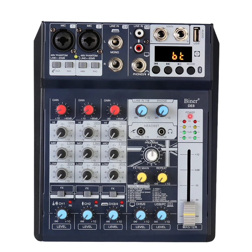 Biner DE8 Professional DJ Sound Controller with 16 Bit DSP Soundcard for PC Recording 8 Channel Usb Audio Mixer MegaBDM