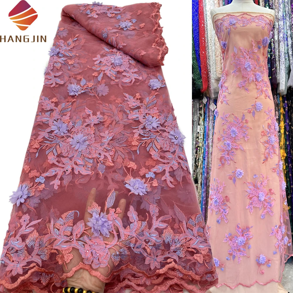 Luxury 3D Floral Embroidery French Tulle Lace Fabric With Beads 3D Flower Bridal Fabric Laces With Stones for Wedding Dress