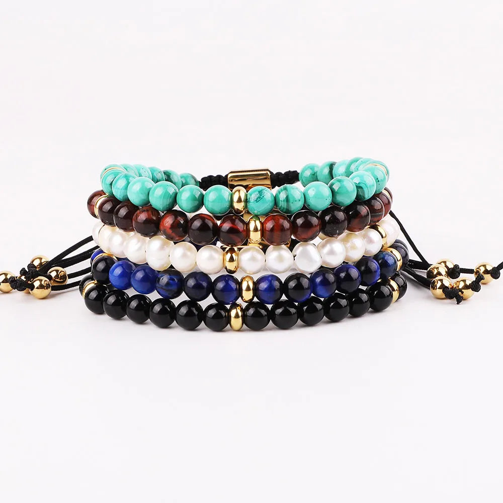 High Quality New Fashion Natural Stone Malachite Stainless Steel Custom Logo Macrame Gemstone Bracelet Men Women JBS12536