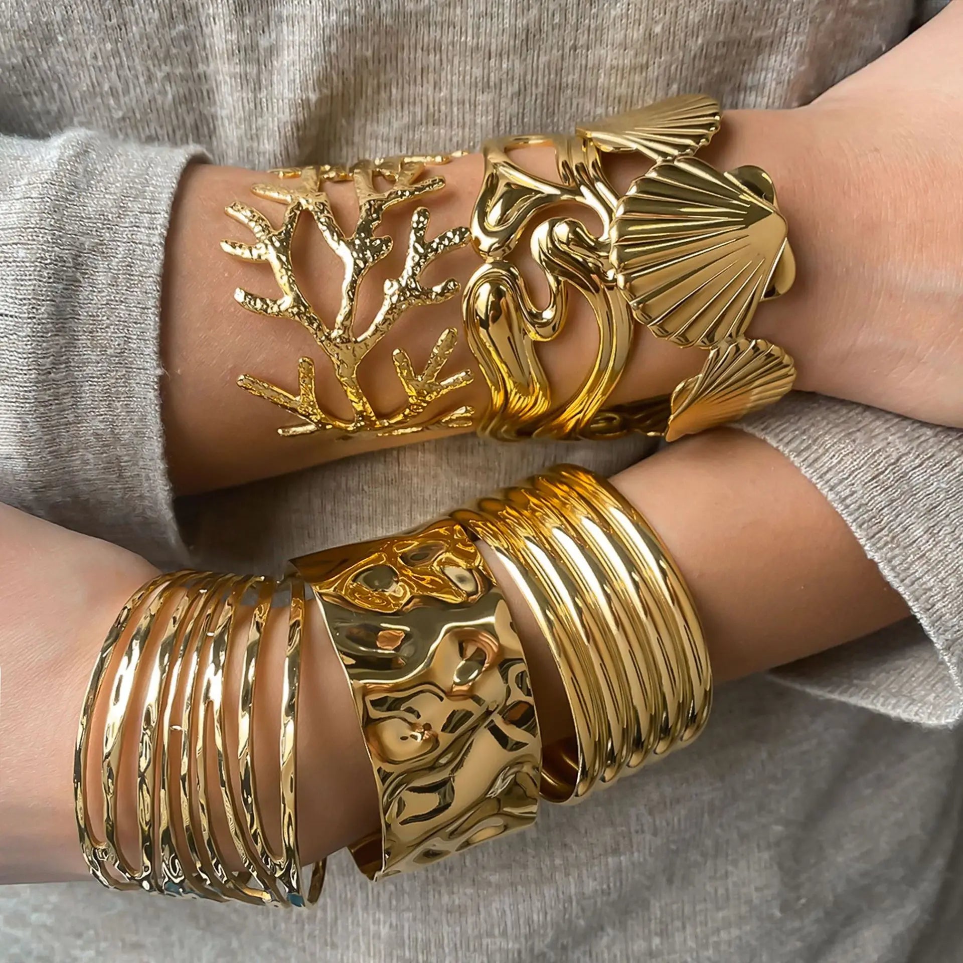 Fashion Jewelry Double-layer Texture Cuff Bangle 18k Pvd Gold Plated Stainless Steel Irregular Opening Bracelet