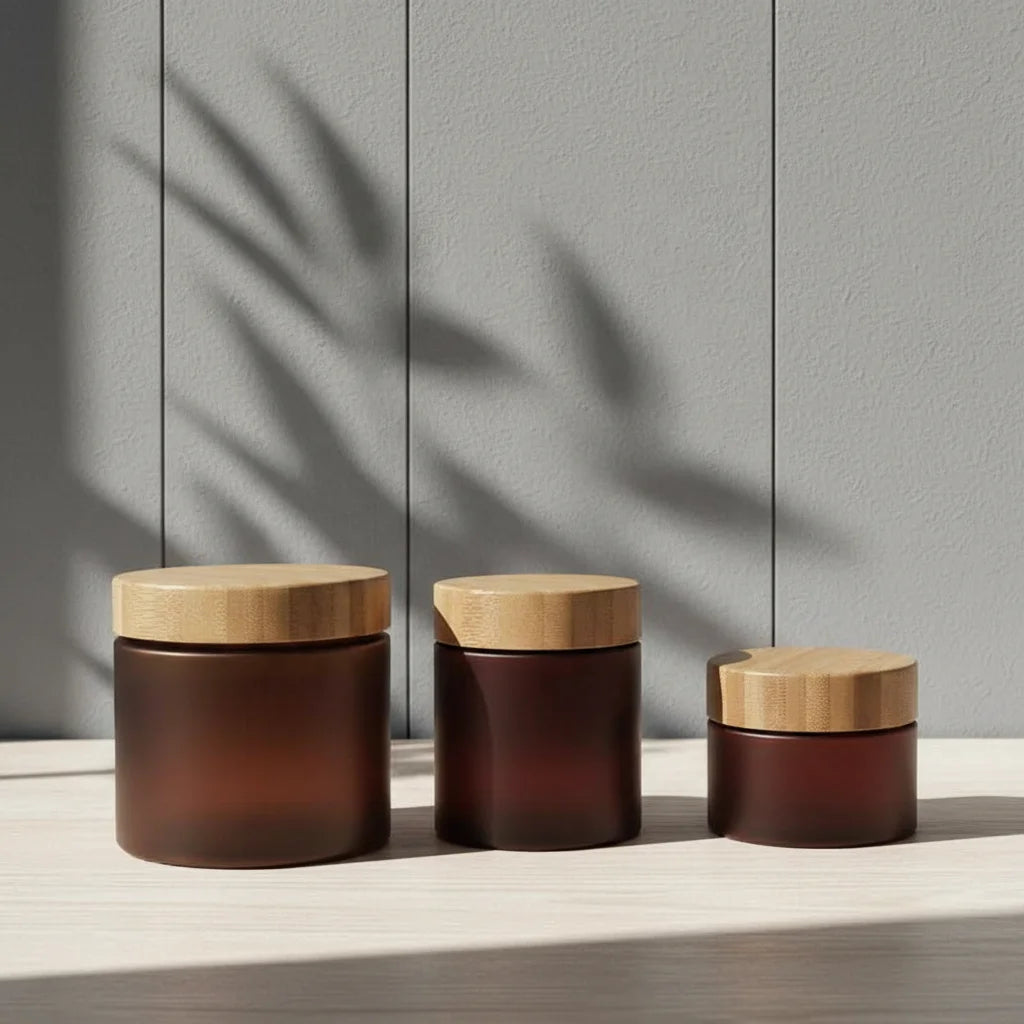 In Stock Amber Frosted 50g 150g 250g 500g Cosmetic Packaging Face Pet Cream Jar With Bamboo Wooden Lid