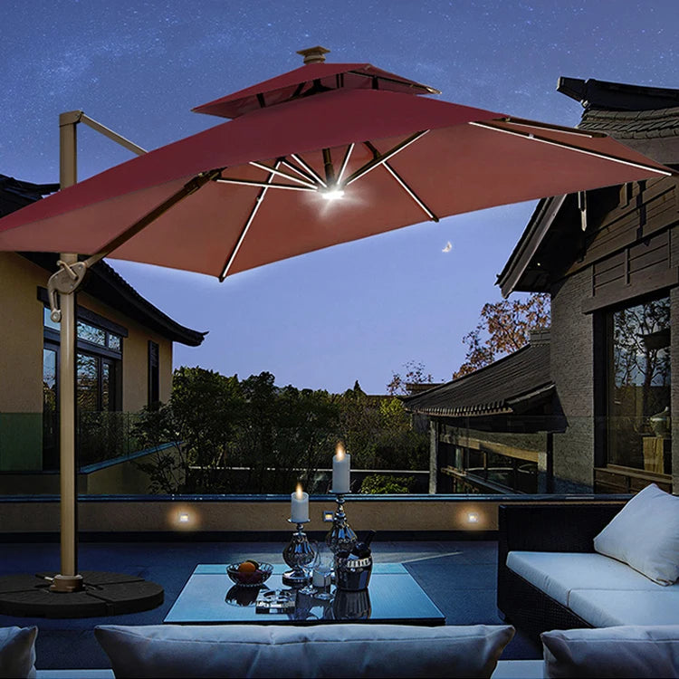 Luxury Promotional Double Canopy 3m Square Waterproof Modern Design Outdoor Furniture Patio Umbrella Solar LED Light 10ft Beach