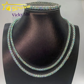 Hot Sell 925 Silver Hip Hop Jewelry Pass Diamond Tester Blue Green 3mm Moissanite Tennis Chain Bracelet & Necklace