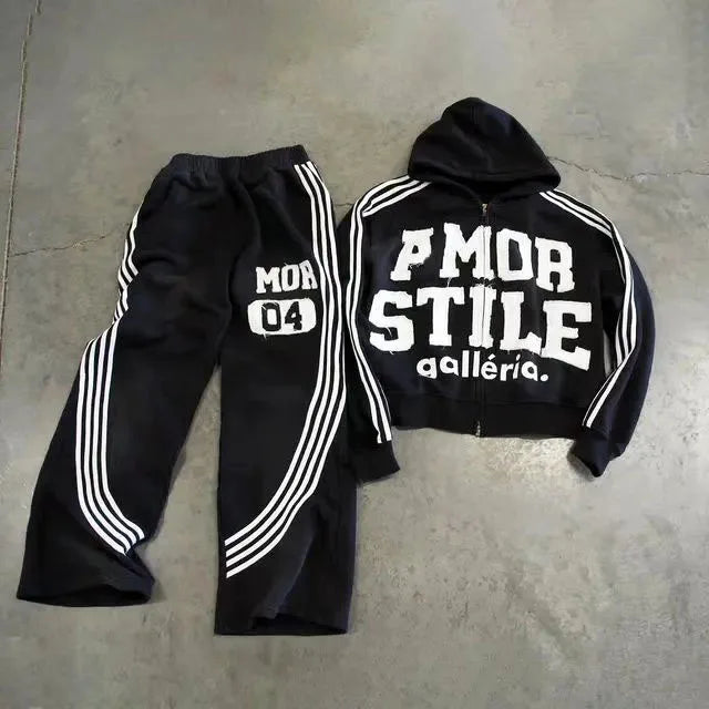 Custom Acid Washed Stripe Embroidery Patchwork Zip up Distressed Vintage Wash Sun Faded Hoodies Flared Sweatpants and Hoodie Set
