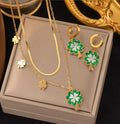 3 PCS Gold Plated Jewelry Sets Trendy Pendant Necklace Clavicle Chain Fashion Stainless Steel Clover Pendant Engagement Earrings