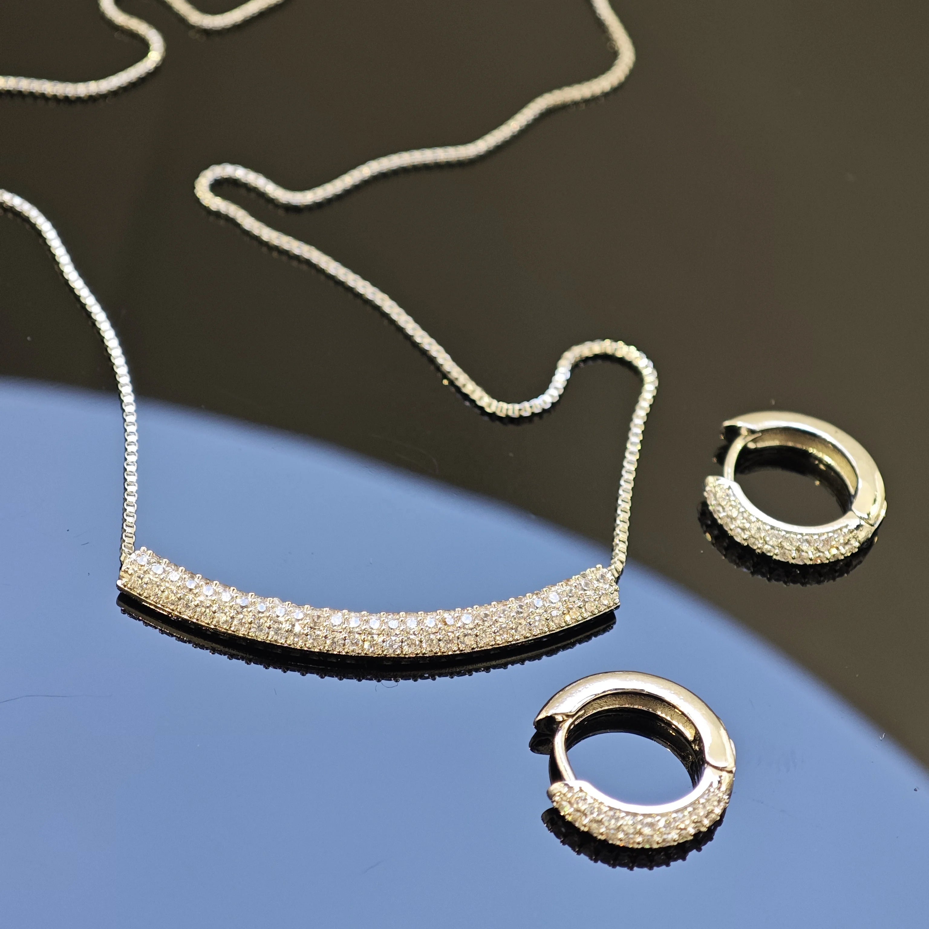 Ilona Minimalist Silver Plated Copper CZ Necklace Huggie Earrings Jewelry Set Sparkly Curved Bar Pendants for Women Daily