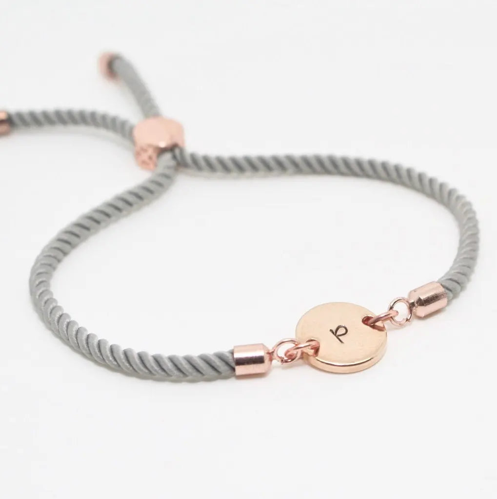 Stainless Steel Gold Plated Jewelry Engraved Alphabet Letter Initials Adjustable Cord Customizable Slider Disc Rope Bracelets
