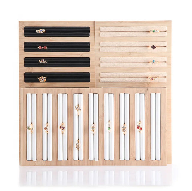 Velvet Large  Slot Wood Jewelry Display Trays Ring Organizer Display Holder Stand Tray for Rings