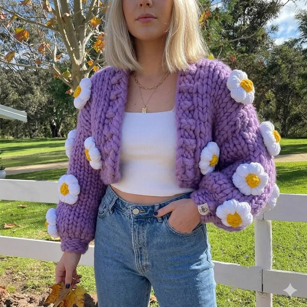Spring and Autumn Hand Made Oversize Cropped Cardigan Crochet Chunky Knit Colorful 3D Flower Cardigan Sweater for Women
