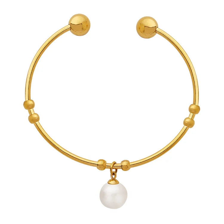 Vintage Stainless Steel Cuff Bangle Gold Plated Imitation Pearl Pendant Bangle