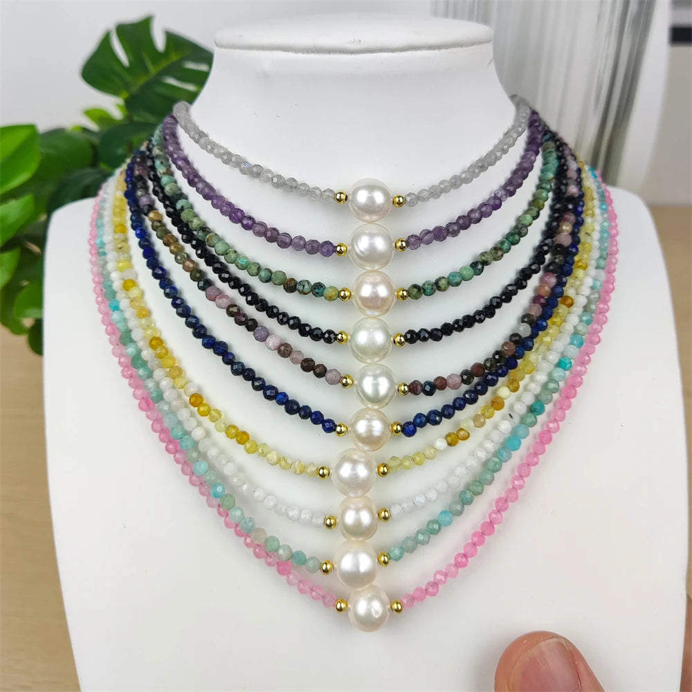 New Tiny Faceted Stone Natural Crystal Beads Necklace Bohemian Freshwater Pearl Beaded Choker Gold Silver for Women-Gift