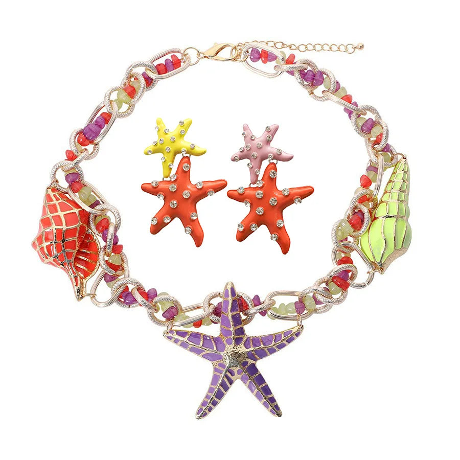 Large Rhinestone Choker with Punk Style New Model Shell Starfish Necklace