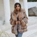 Women Fashion Coats Elegant Side Pockets Female Casual Fox Fur Leather Jacket