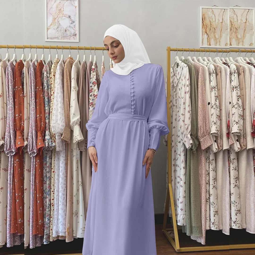 Double Layers Pure Color Chiffon Button Decoration Malaysia UAE Turkey Abaya Women Muslim Dress