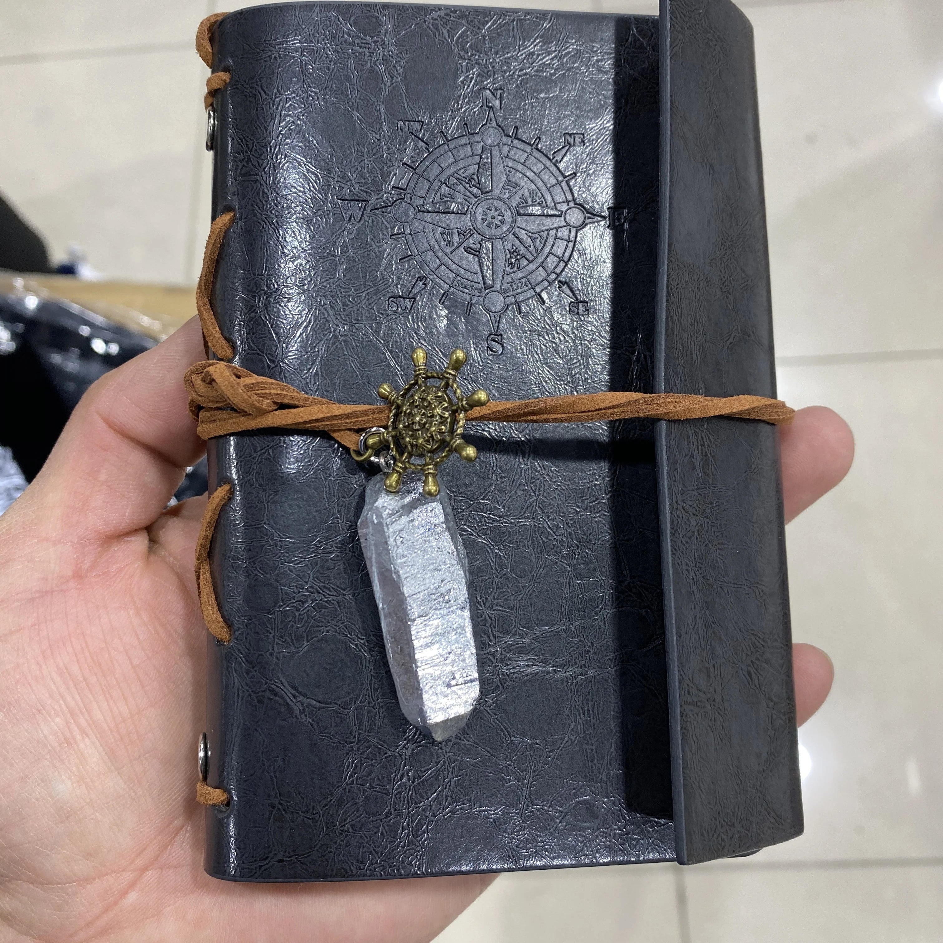 Custom Leather Journal Paper Notebook With Aura Quartz Crystals Healing Stones