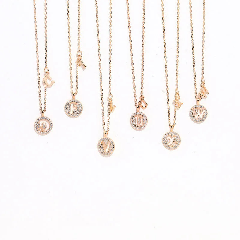 Wish Jewelry 0.35 Micro Plating Champagne Full Zircon Letter Round S925 Sterling Silver Initial Letter Pendant Necklace