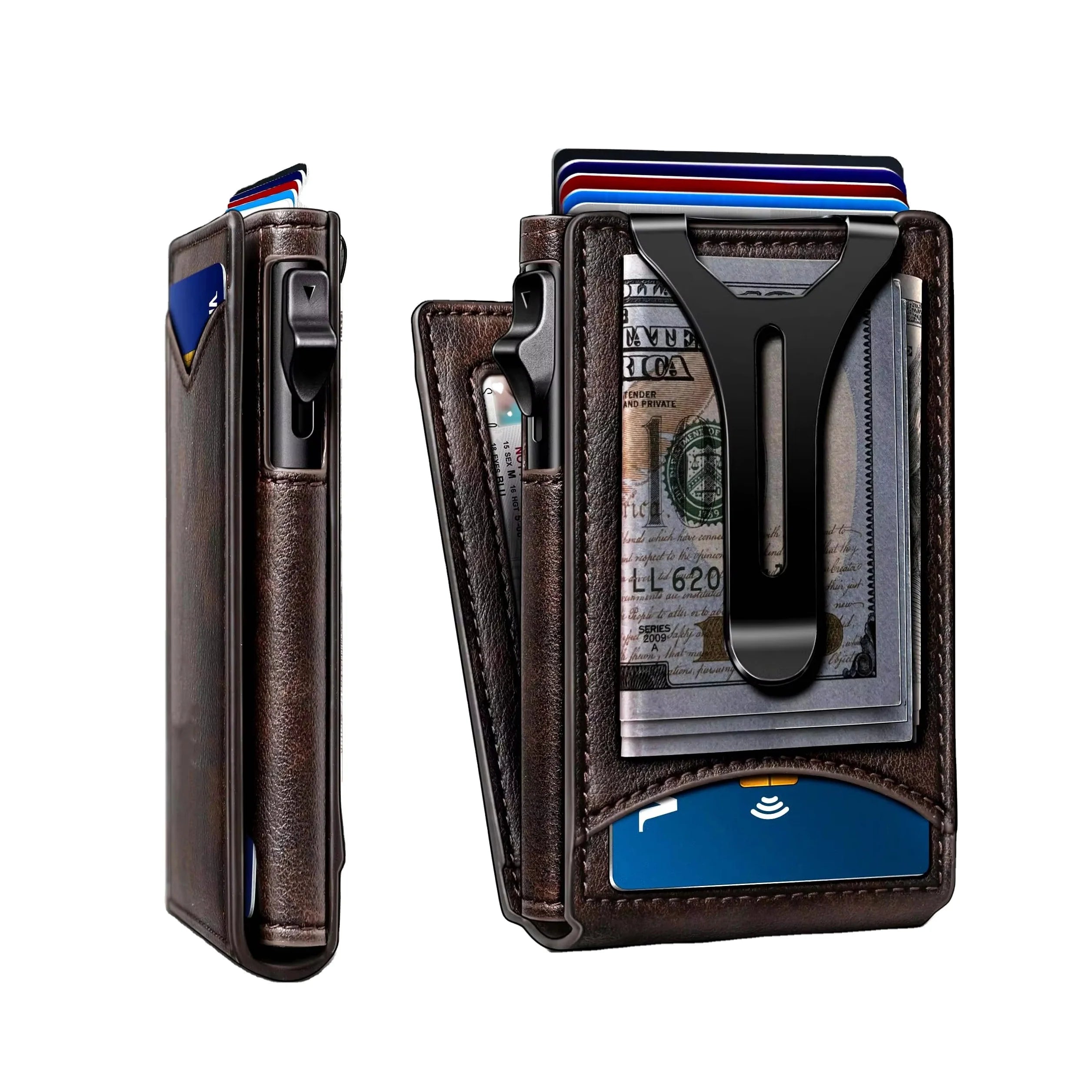 Men WalletMoney Clip Wallet Slim for Gift Men 9Cards-Metal Credit Card Case in Magnetic Leather Flip Carteira Masculina