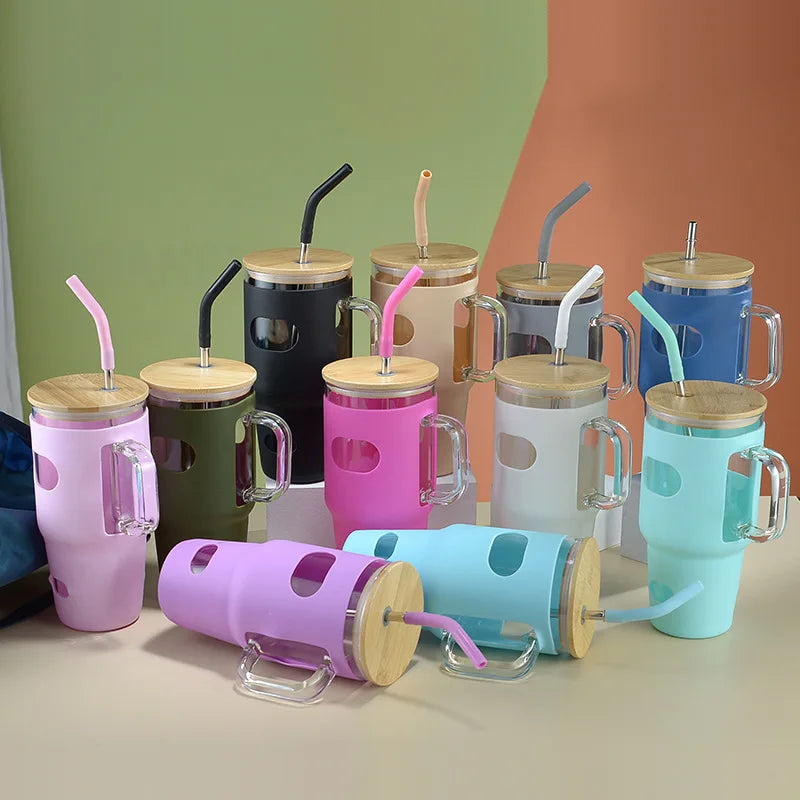 Wholesale Stocked Luxury 32 oz Borosilicate Glass Tumbler Set Reusable Coffee Cup Bamboo Lid Silicone Sleeve Time Marker Travel